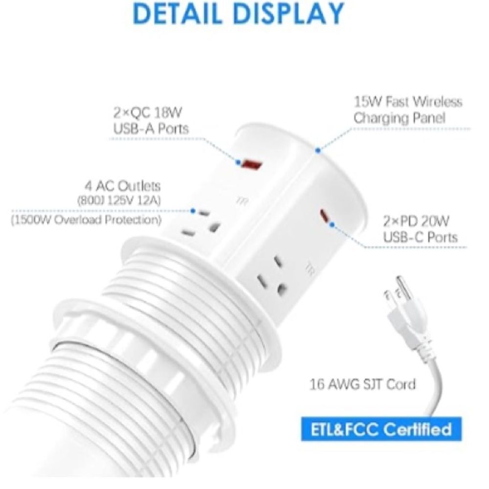 Pop Up Countertop Outlet 3.15, 15W Wireless Charger, 4 Outlets 4 USB Ports, NWT